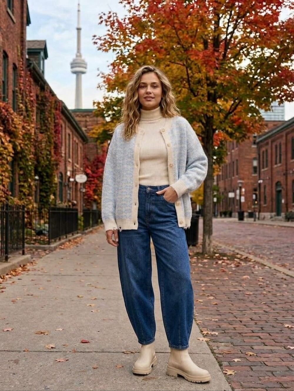 Zara Cream & Light Blue Bow Print Oversized Knit Button Cardigan L